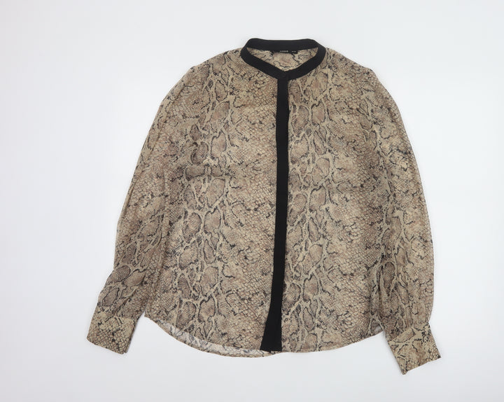 Oasis Women Beige Animal Print Long Sleeve Chiffon Blouse Size 14