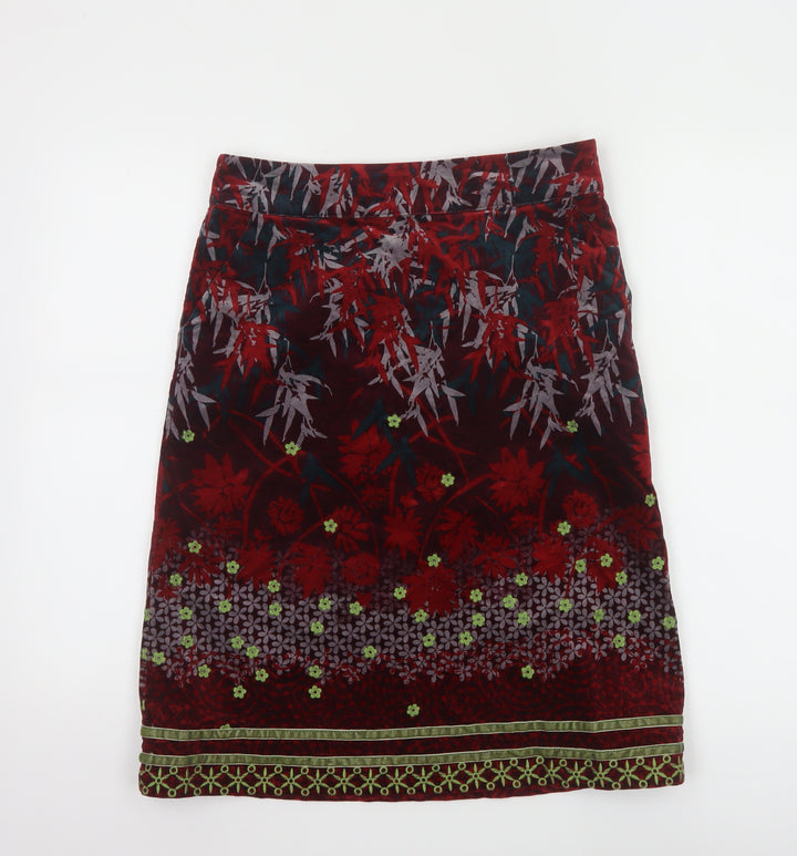 White Stuff Women's Red Floral Velvet Knee Length Skirt Size 8