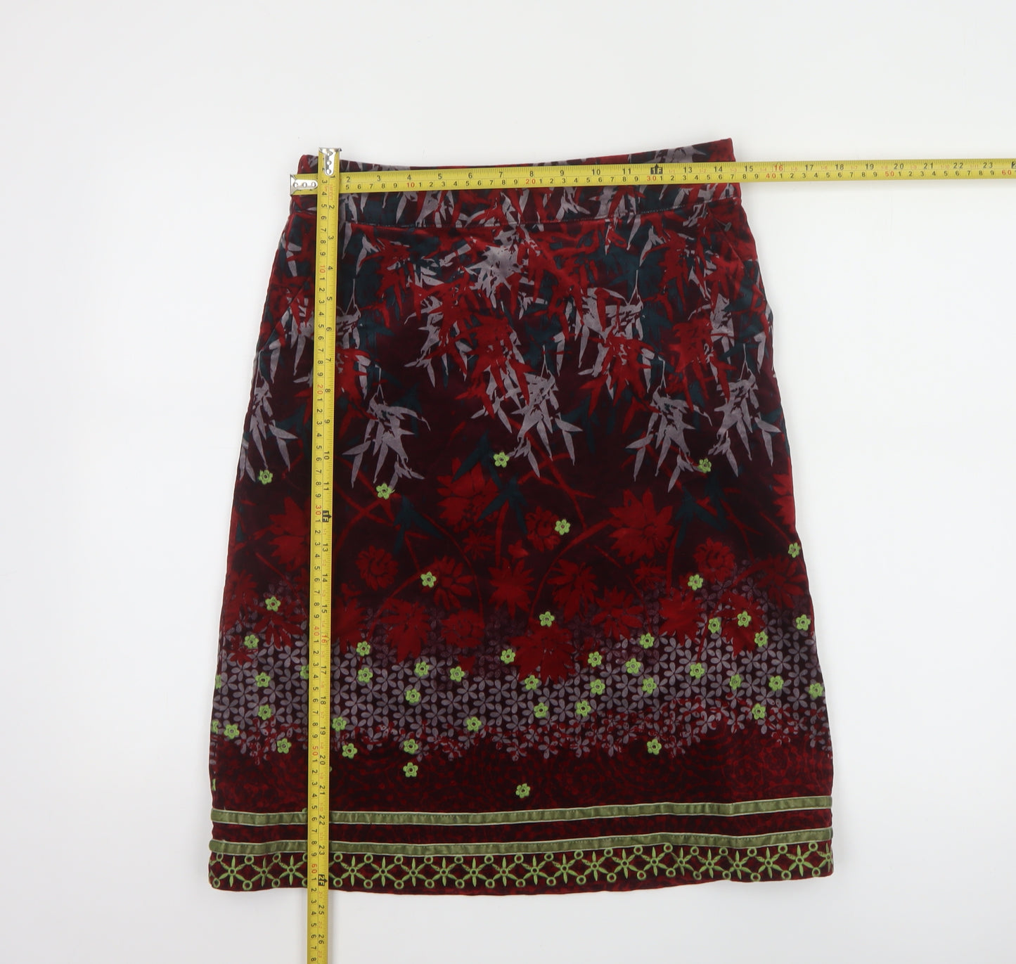 White Stuff Women's Red Floral Velvet Knee Length Skirt Size 8