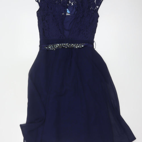 Coast Women Blue Knee Length Lace Chiffon A-Line Dress Size 8