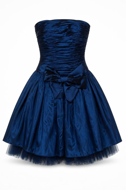 Front view of Jora Collection Women's Blue Strapless Bow Short Satin Ball Gown XS