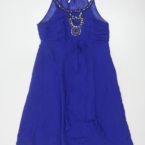 Monsoon Women Blue Silk Beaded Halter A-Line Dress Size 14