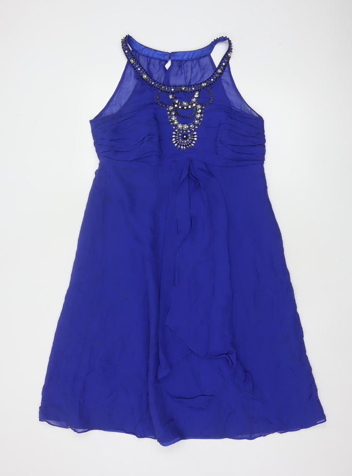 Monsoon Women Blue Silk Beaded Halter A-Line Dress Size 14