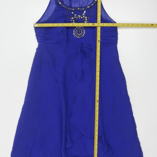 Monsoon Women Blue Silk Beaded Halter A-Line Dress Size 14