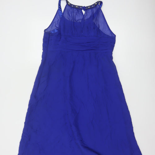 Monsoon Women Blue Silk Beaded Halter A-Line Dress Size 14