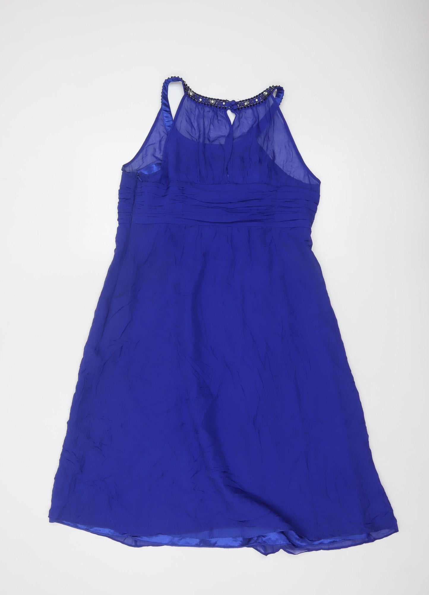 Monsoon Women Blue Silk Beaded Halter A-Line Dress Size 14