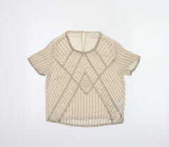 New Look Women's Beige Beaded Short Sleeve Chiffon Blouse Size 8