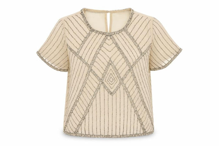 New Look Women's Beige Beaded Short Sleeve Chiffon Blouse Size 8