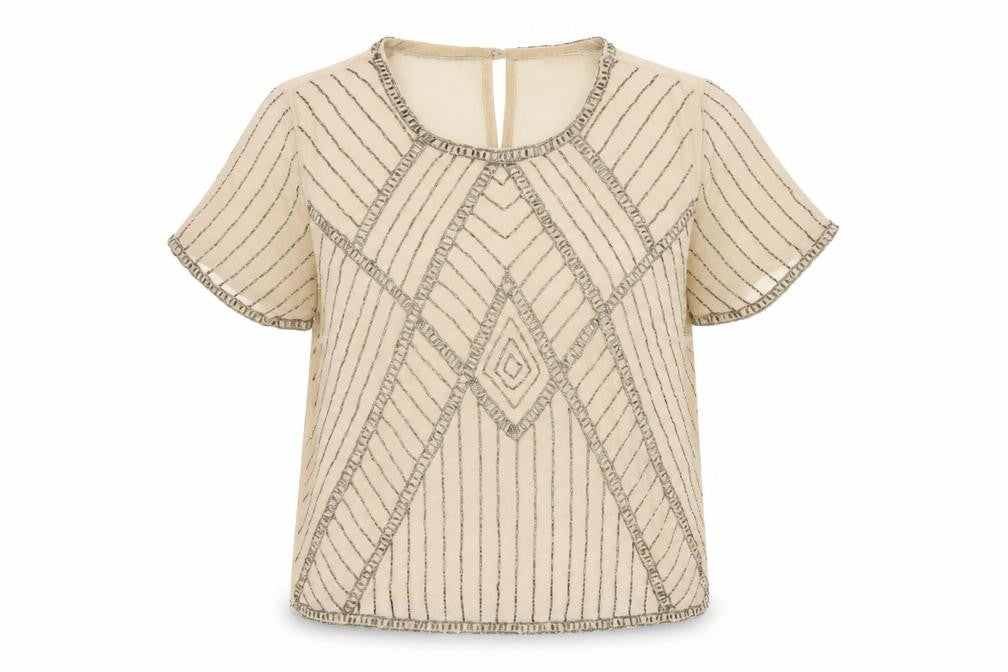 Front view of New Look Women's Beige Beaded Short Sleeve Chiffon Blouse, size 8