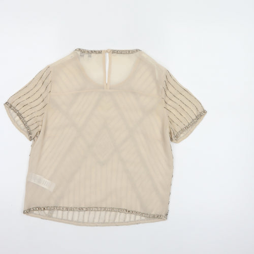 New Look Women's Beige Beaded Short Sleeve Chiffon Blouse Size 8