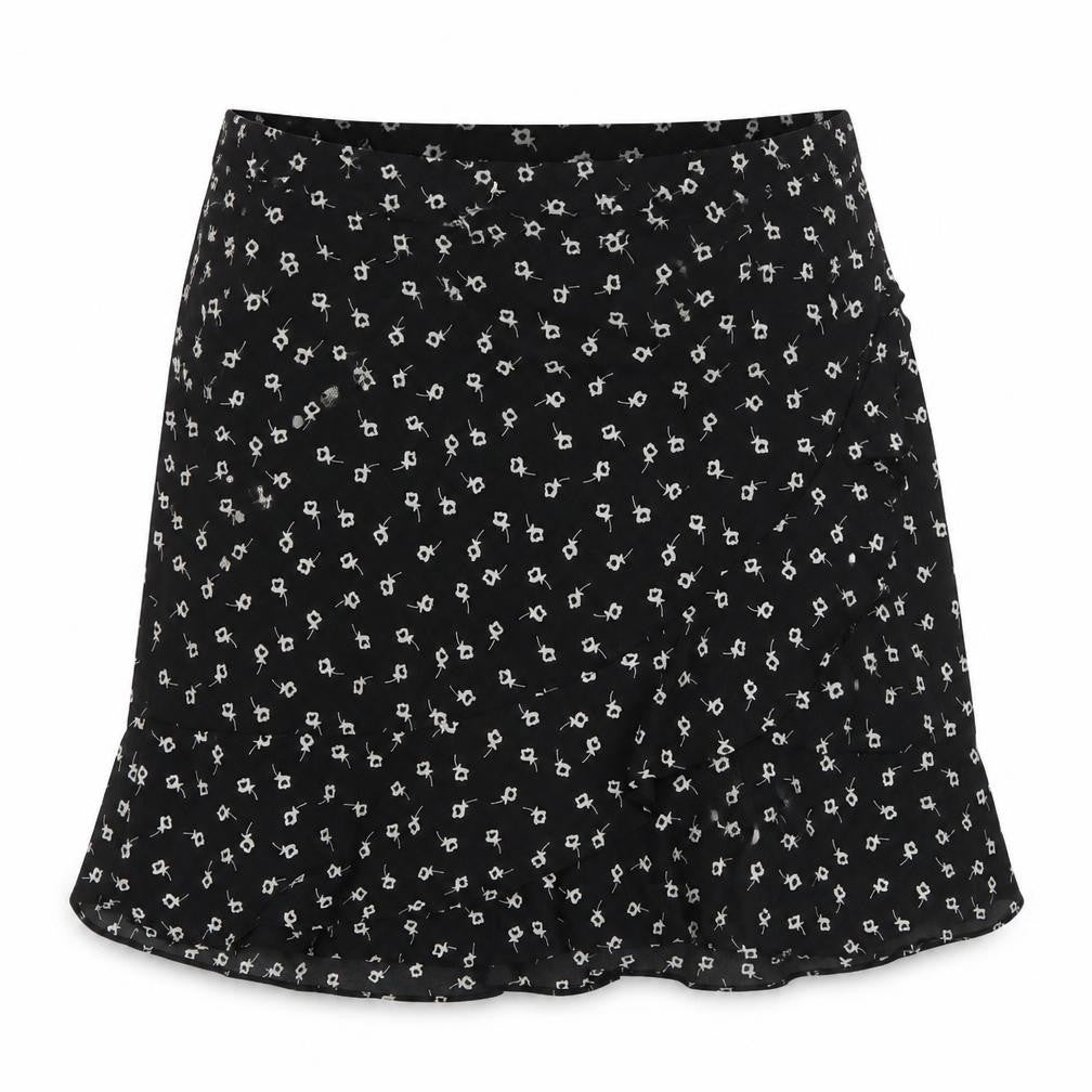 Front view of Oasis Women's Black Floral Short A-Line Skirt, size 10