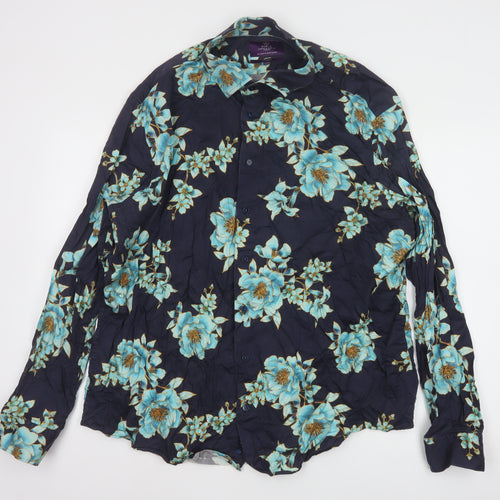 Hawes & Curtis Mens Navy Blue Floral Long Sleeve Button-Up Shirt XXXL