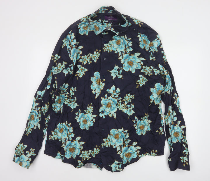 Hawes & Curtis Mens Navy Blue Floral Long Sleeve Button-Up Shirt XXXL