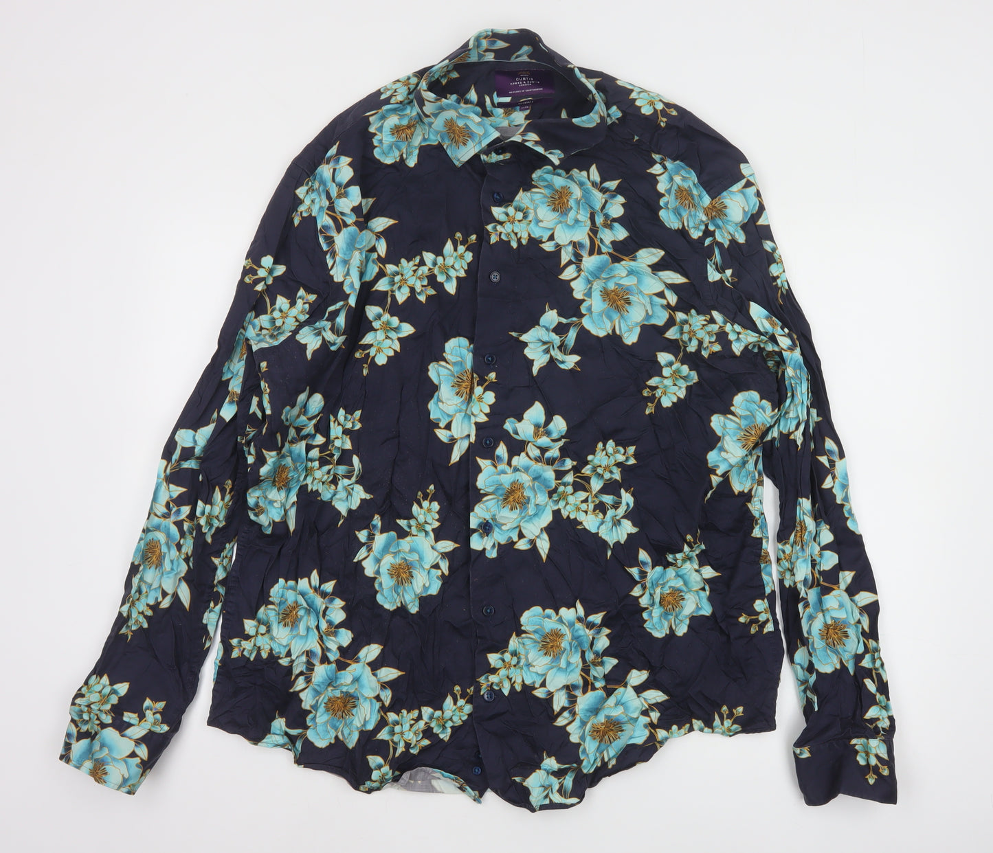 Hawes & Curtis Mens Navy Blue Floral Long Sleeve Button-Up Shirt XXXL