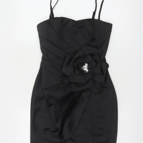 Lipsy Women Black Size 8 Bodycon Satin Flower Detail Party Dress