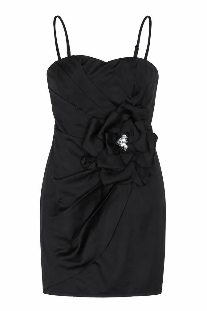 Lipsy Women Black Size 8 Bodycon Satin Flower Detail Party Dress
