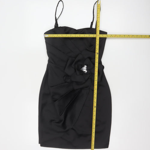 Lipsy Women Black Size 8 Bodycon Satin Flower Detail Party Dress