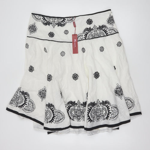 Monsoon Women White Embroidered A-Line Cotton Skirt Size 20