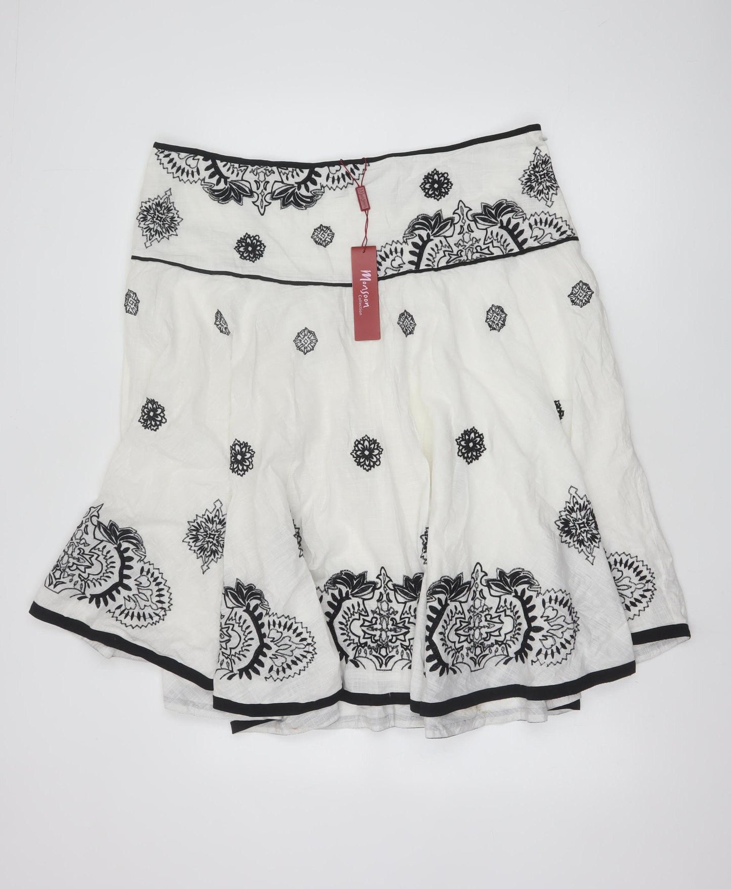 Monsoon Women White Embroidered A-Line Cotton Skirt Size 20