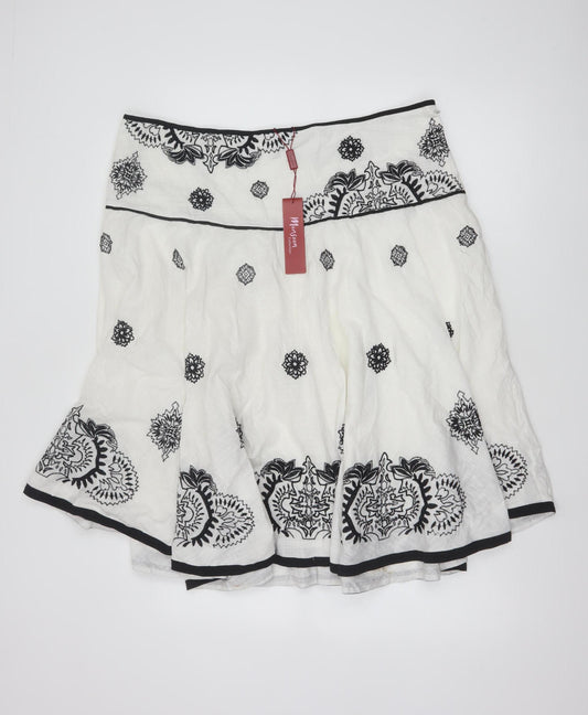 Monsoon Women White Embroidered A-Line Cotton Skirt Size 20