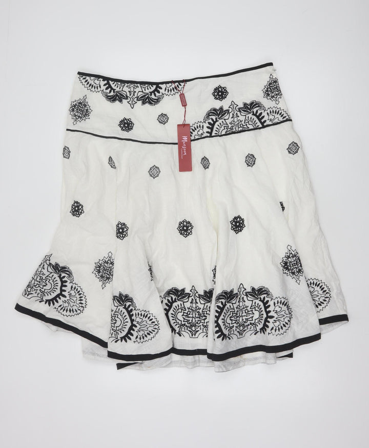 Monsoon Women White Embroidered A-Line Cotton Skirt Size 20