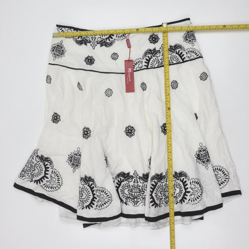 Monsoon Women White Embroidered A-Line Cotton Skirt Size 20
