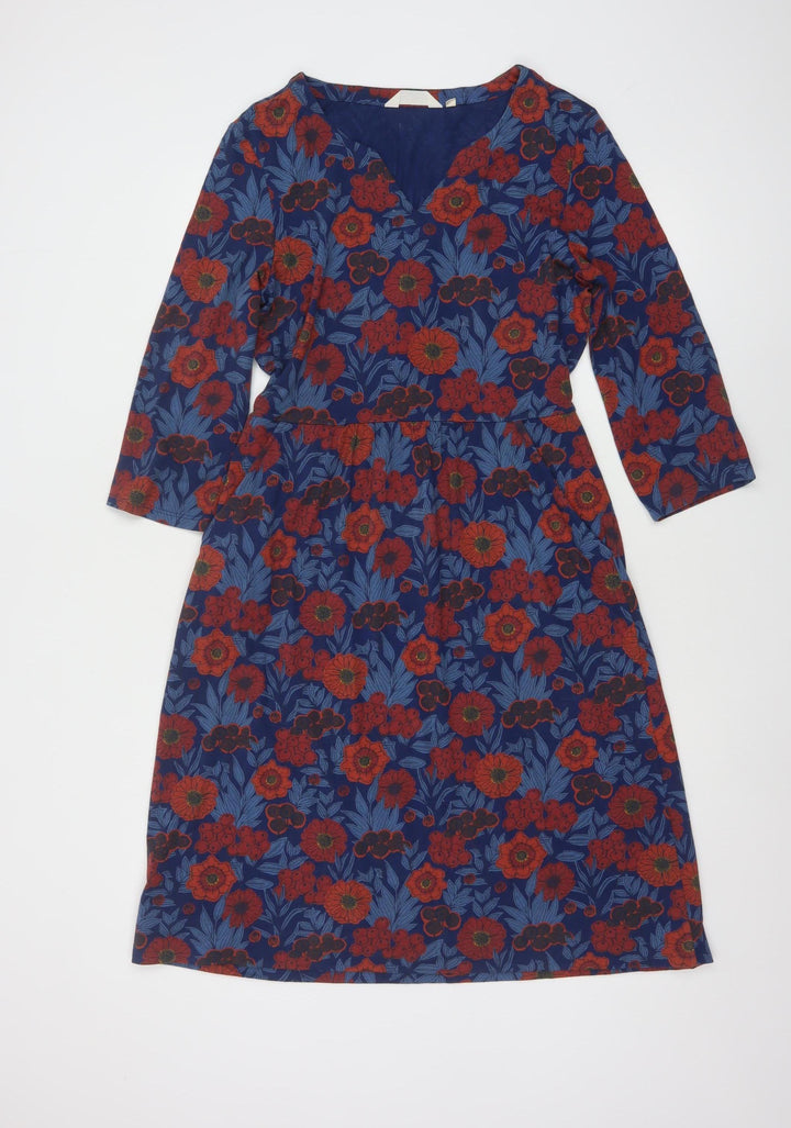 Seasalt Cornwall Women's Blue Red Floral Knee Length A-Line Cotton Dress Size 10