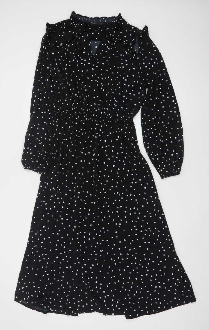 Marks and Spencer Women's Black Polka Dot Midi A-Line Dress Size 14