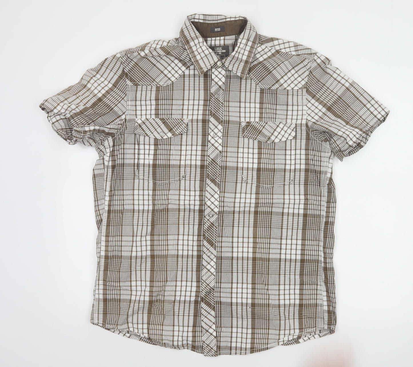 H&M L.O.G.G. Men's Brown Check Cotton Short Sleeve Slim Fit Shirt L