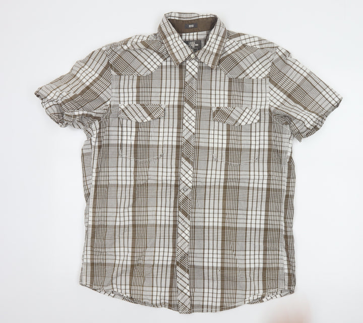 H&M L.O.G.G. Men's Brown Check Cotton Short Sleeve Slim Fit Shirt L