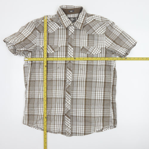 H&M L.O.G.G. Men's Brown Check Cotton Short Sleeve Slim Fit Shirt L