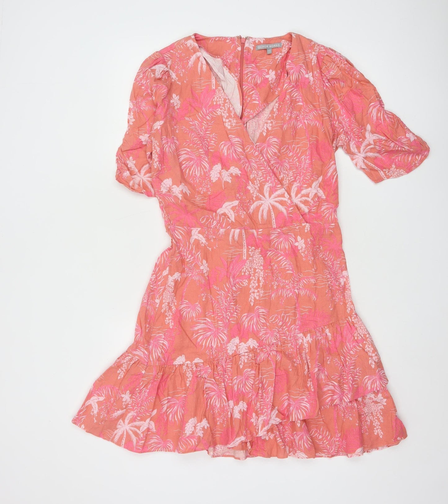 Oliver Bonas Women’s Pink Floral Linen Wrap Short Dress UK 8