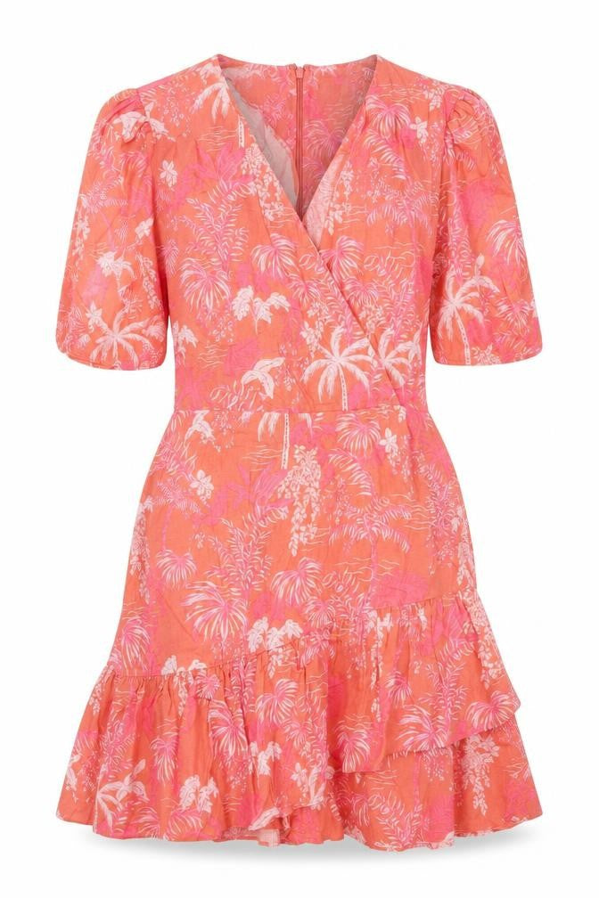 Oliver Bonas Women’s Pink Floral Linen Wrap Short Dress UK 8