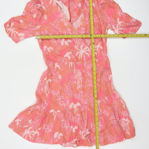 Oliver Bonas Women’s Pink Floral Linen Wrap Short Dress UK 8