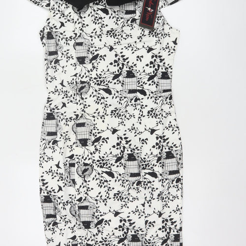 Voodoo Vixen Women’s Black White Birdcage Print Collared Sheath Dress M