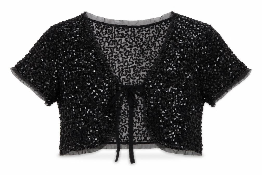 Front view of Red Herring Women's Black Sequin Cropped Blouse, size M, Party Top