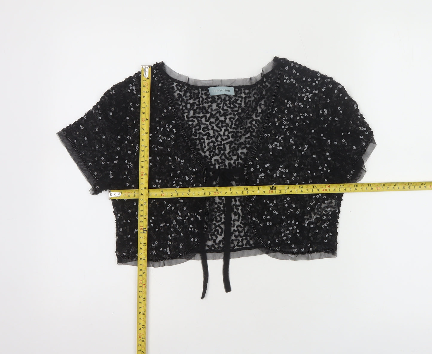 Red Herring Women's Black Sequin Cropped Blouse Size M Party Top