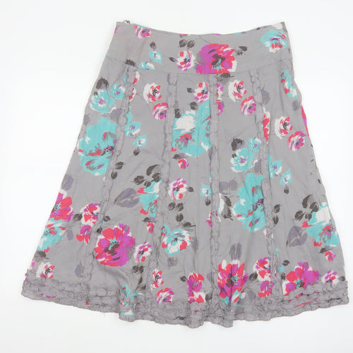 Monsoon Women Grey Floral A-Line Cotton Skirt Size 14
