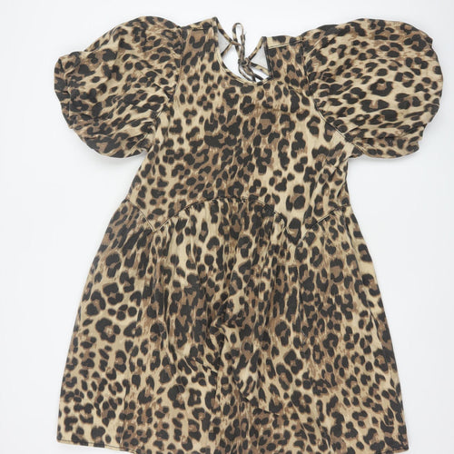 George Women Brown Leopard Print Cotton Short Puff Sleeve A-Line Dress Size 14