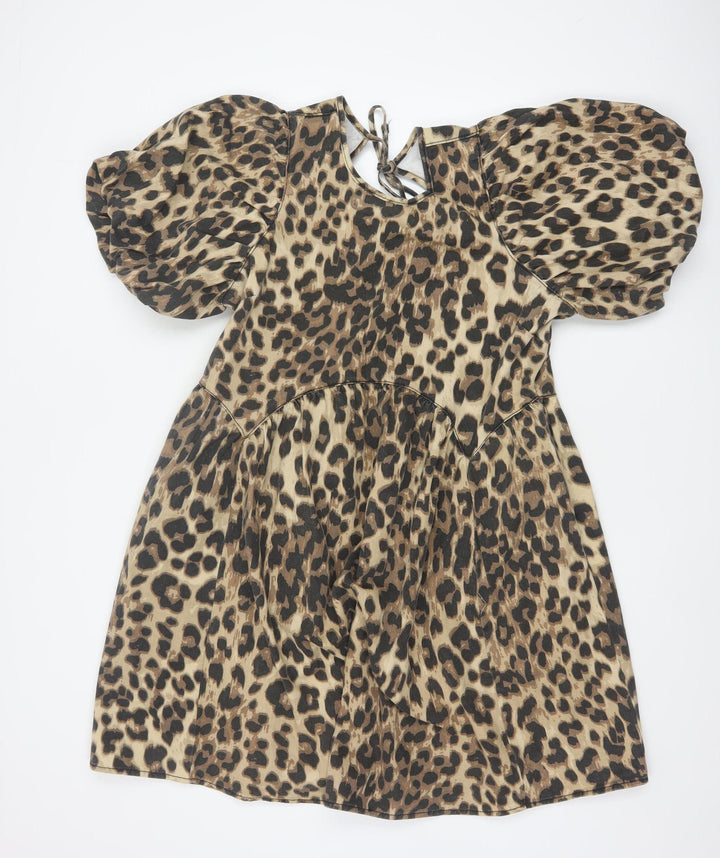 George Women Brown Leopard Print Cotton Short Puff Sleeve A-Line Dress Size 14