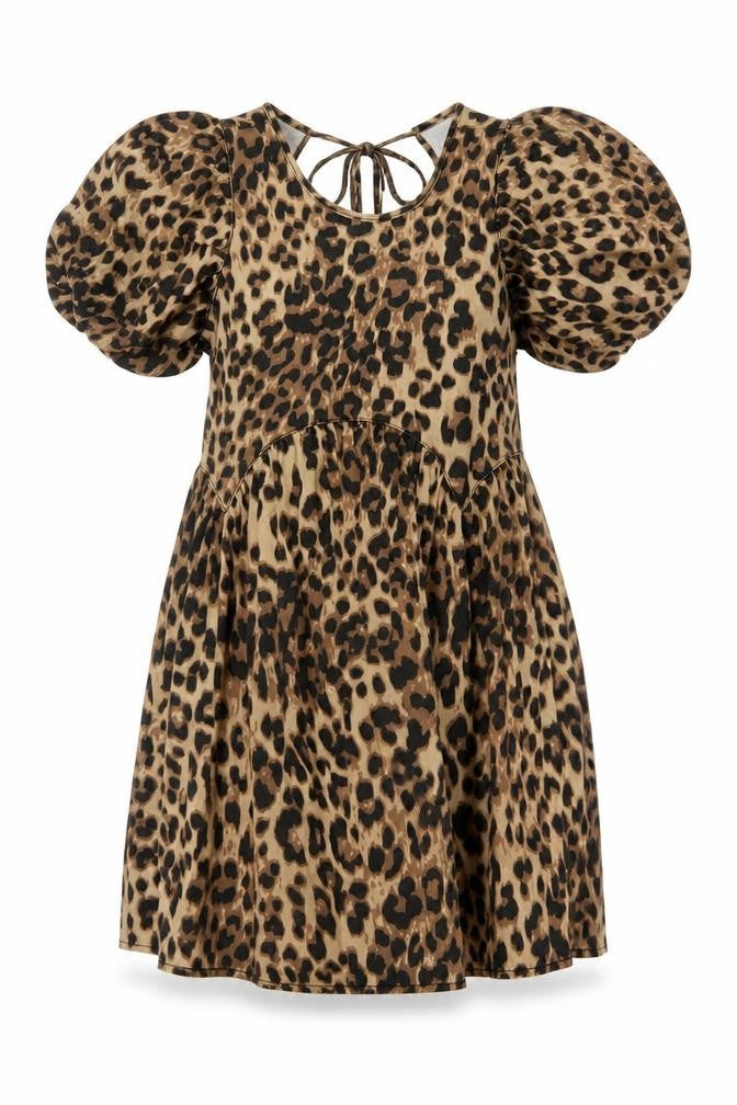 George Women Brown Leopard Print Cotton Short Puff Sleeve A-Line Dress Size 14