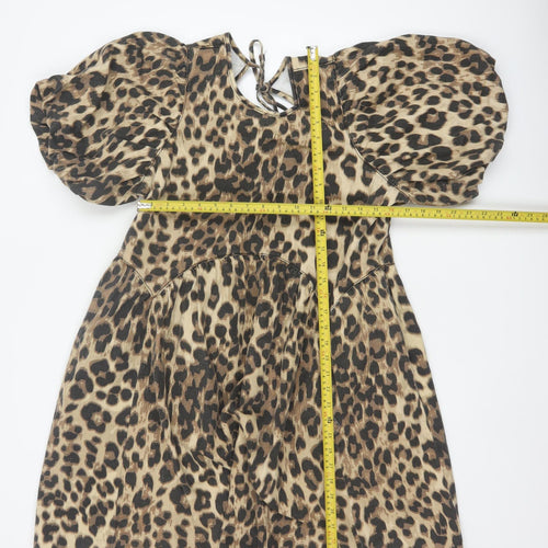 George Women Brown Leopard Print Cotton Short Puff Sleeve A-Line Dress Size 14