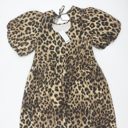 George Women Brown Leopard Print Cotton Short Puff Sleeve A-Line Dress Size 14