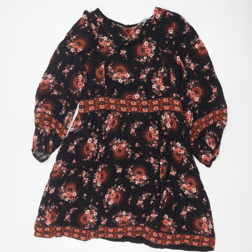 Oliver Bonas Womens Black Floral A-Line Dress Size 10 Long Sleeve