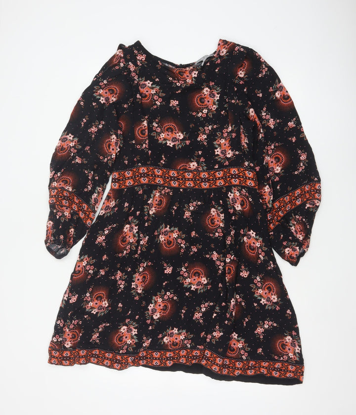 Oliver Bonas Womens Black Floral A-Line Dress Size 10 Long Sleeve