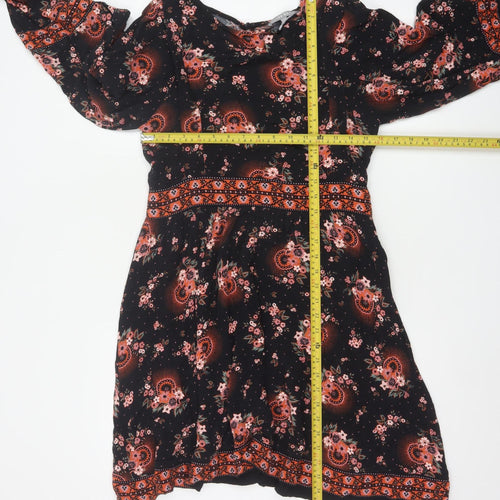 Oliver Bonas Womens Black Floral A-Line Dress Size 10 Long Sleeve