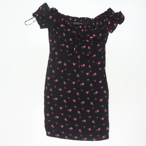 White Fox Women's Black Floral Off Shoulder Bodycon Dress S
