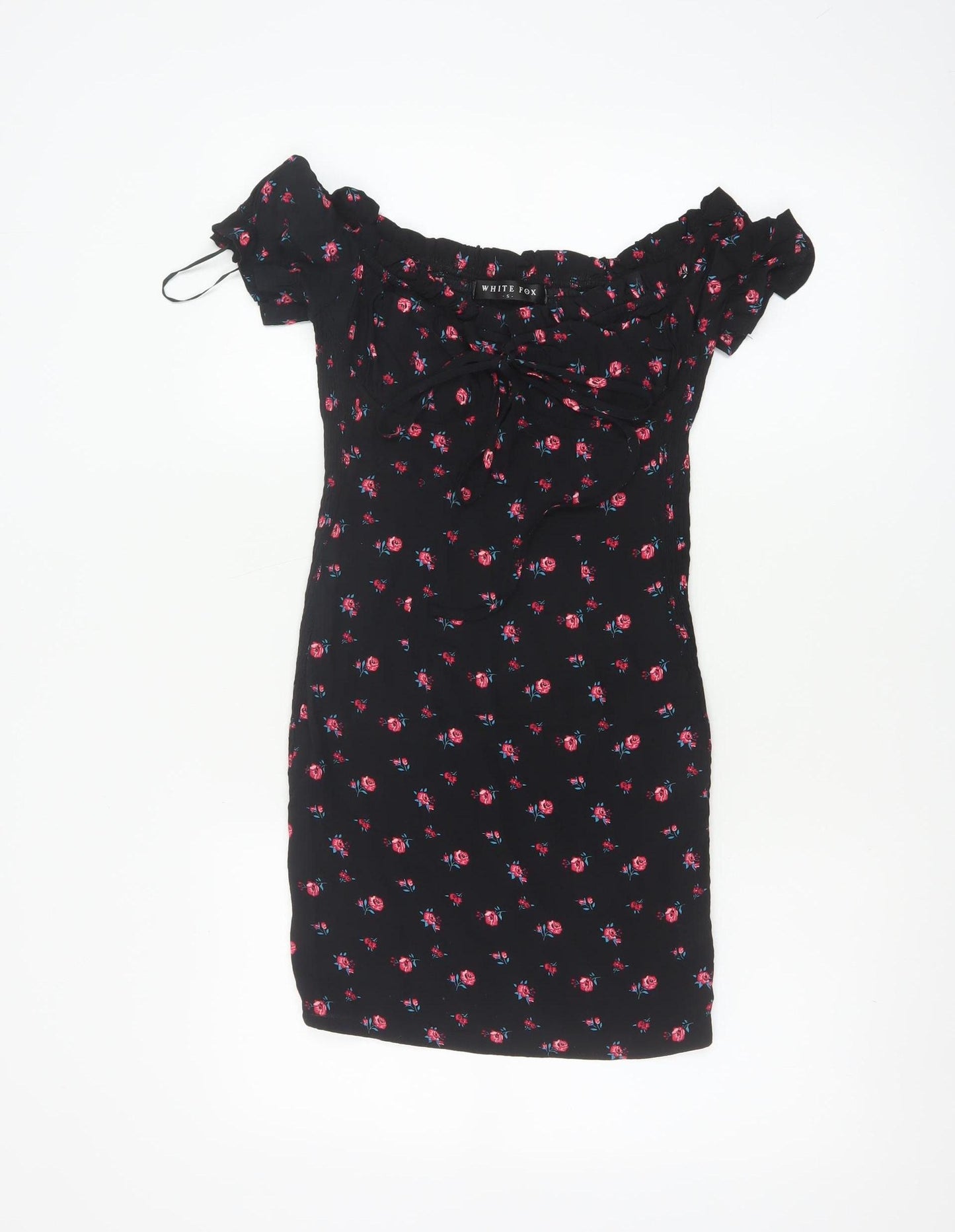 White Fox Women's Black Floral Off Shoulder Bodycon Dress S
