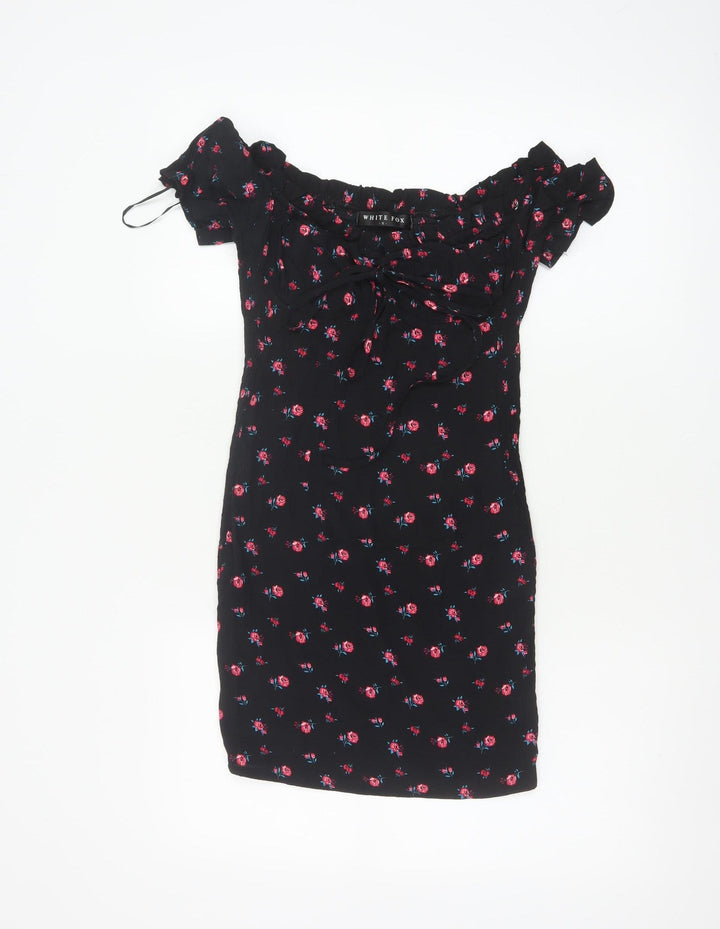 White Fox Women's Black Floral Off Shoulder Bodycon Dress S