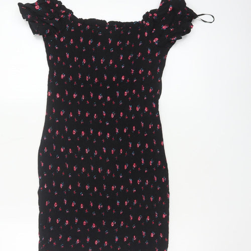 White Fox Women's Black Floral Off Shoulder Bodycon Dress S